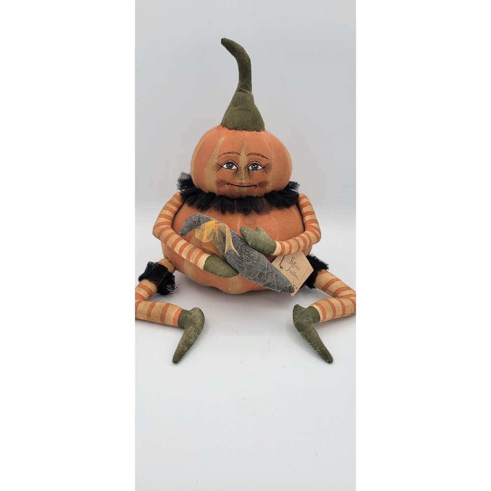 Joe Spencer Gourdy Pumpkin & Crow Shelf Sitter Gathered Traditions Vtg Halloween
